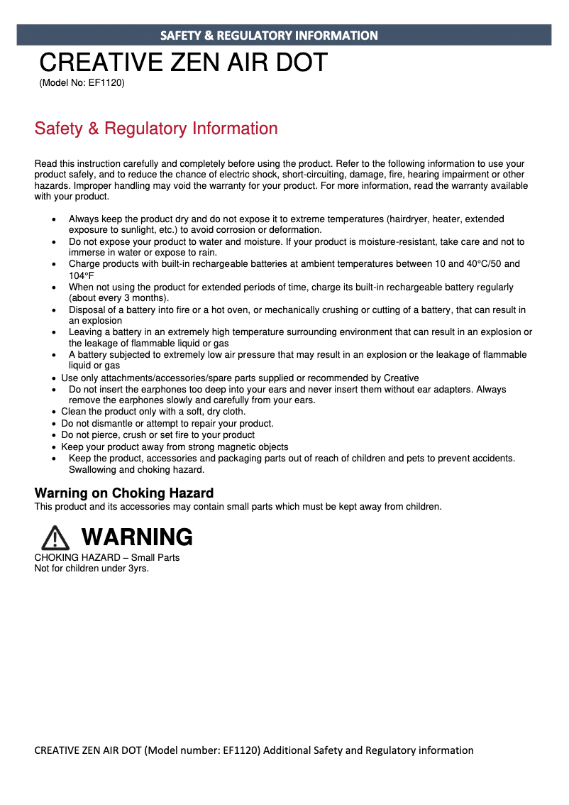 Page 1 de la notice Instructions de sécurité Creative Zen Air Dot