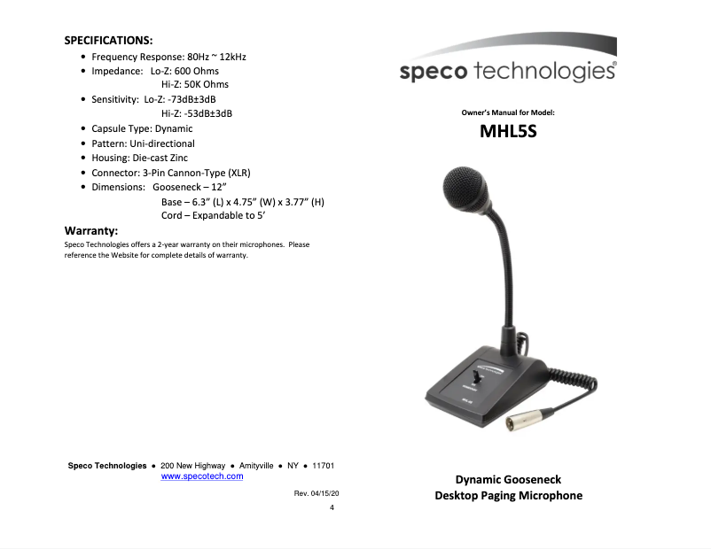 Page n°1 - Manuel utilisateur Speco Technologies MHL5S