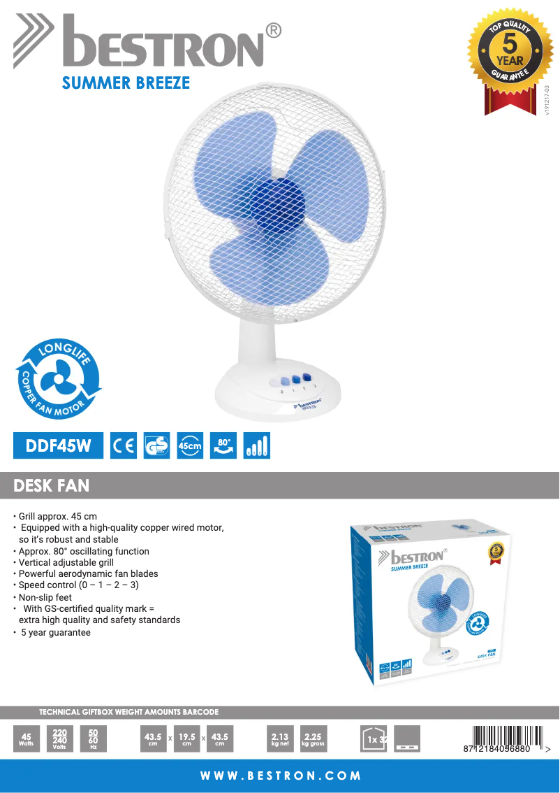 Page n°1 - Fiche technique Bestron Summer Breeze DDF45W