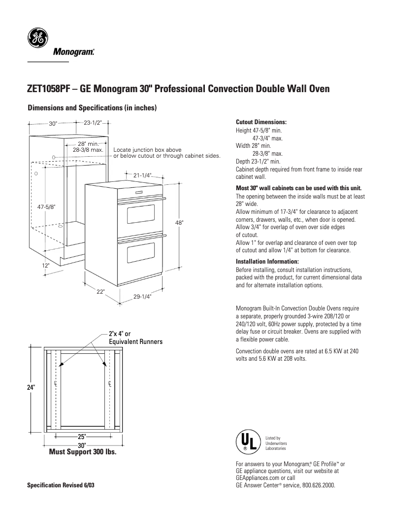Página 1 del manual Ficha técnica GE ZET1058PFSS