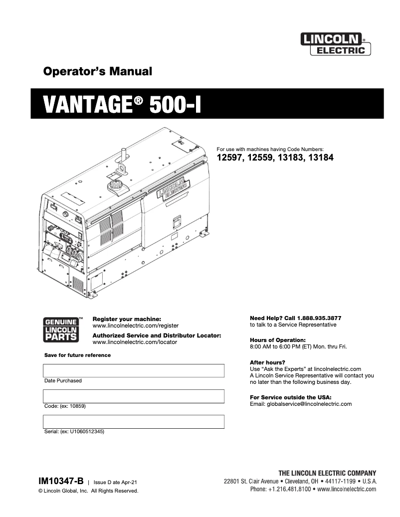 Page 1 de la notice Manuel utilisateur Lincoln Electric Vantage 500-I