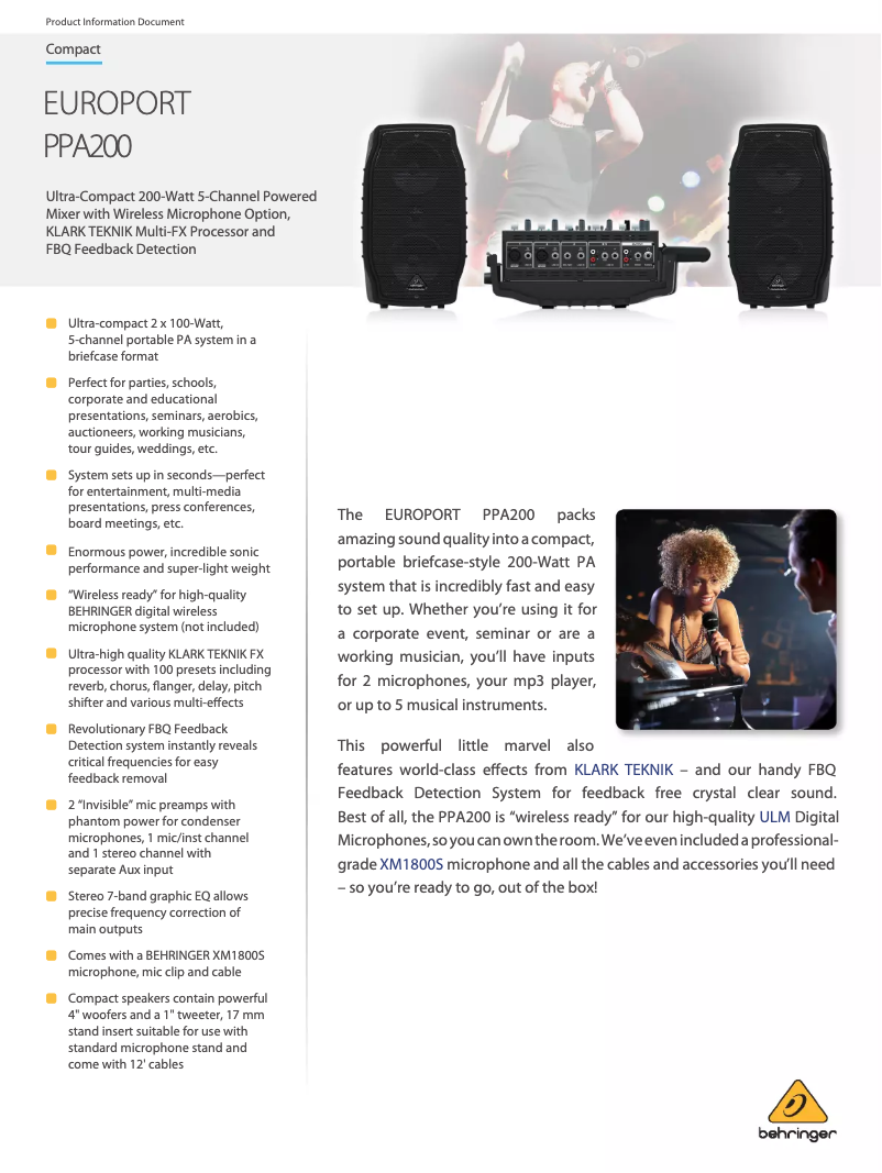 Page 1 de la notice Fiche technique Behringer EUROPORT PPA200