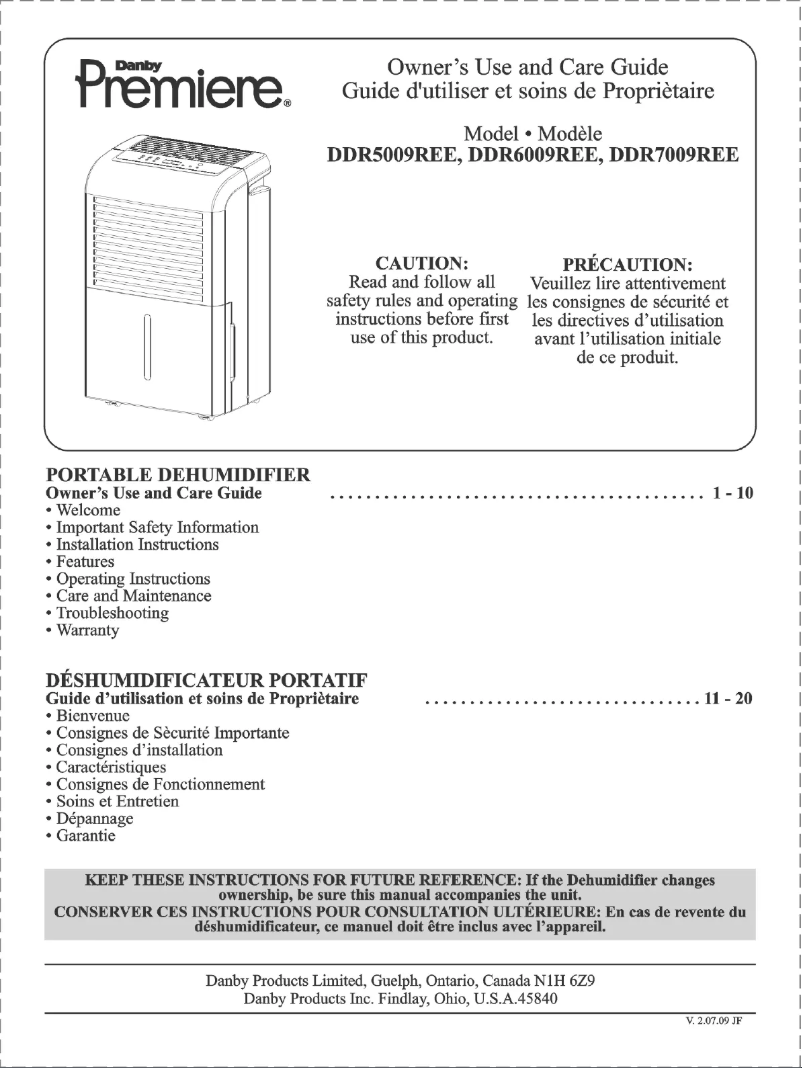 Page 1 de la notice Manuel utilisateur Danby DDR6009REE