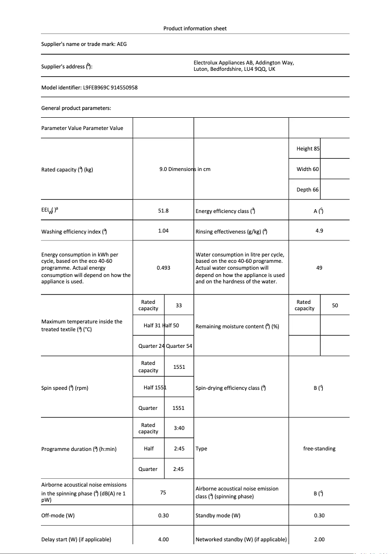 Página 1 del manual Ficha técnica AEG L9FEB969C
