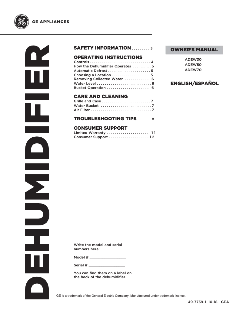 Image de la première page du manuel de l'appareil ADEW50LW