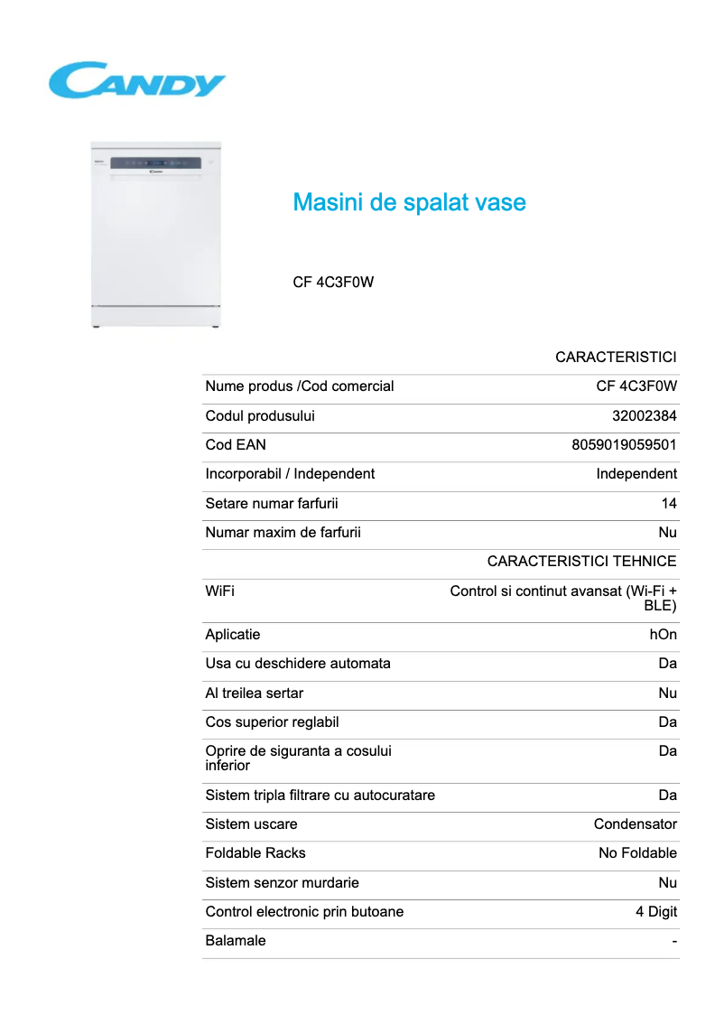 Page 1 de la notice Fiche technique Candy CF 4C3F0W