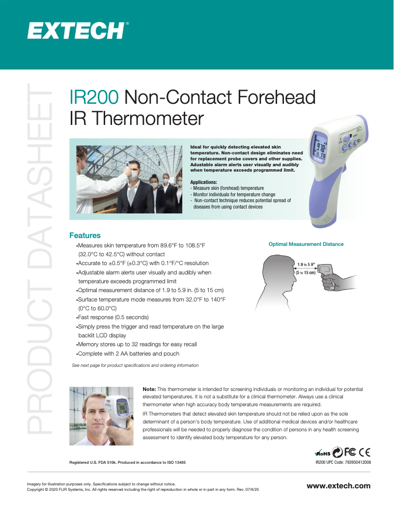 Page 1 de la notice Fiche technique Extech IR200