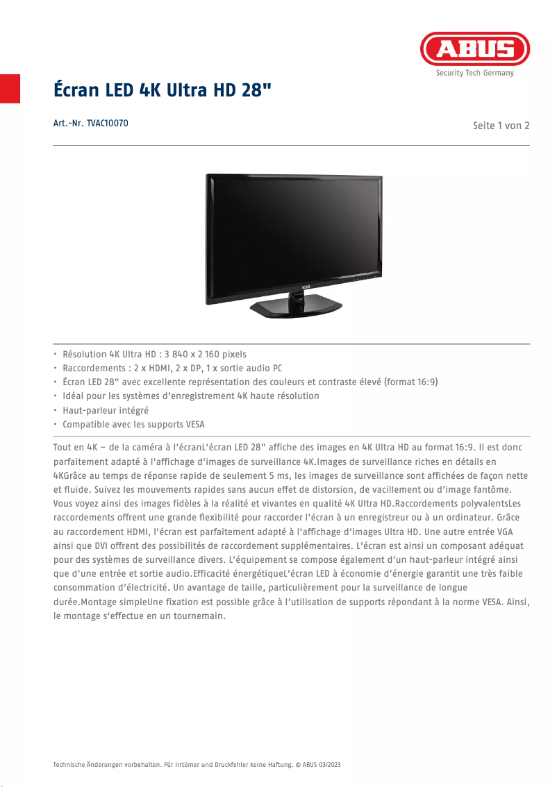 Page n°1 - Fiche technique Abus TVAC10070