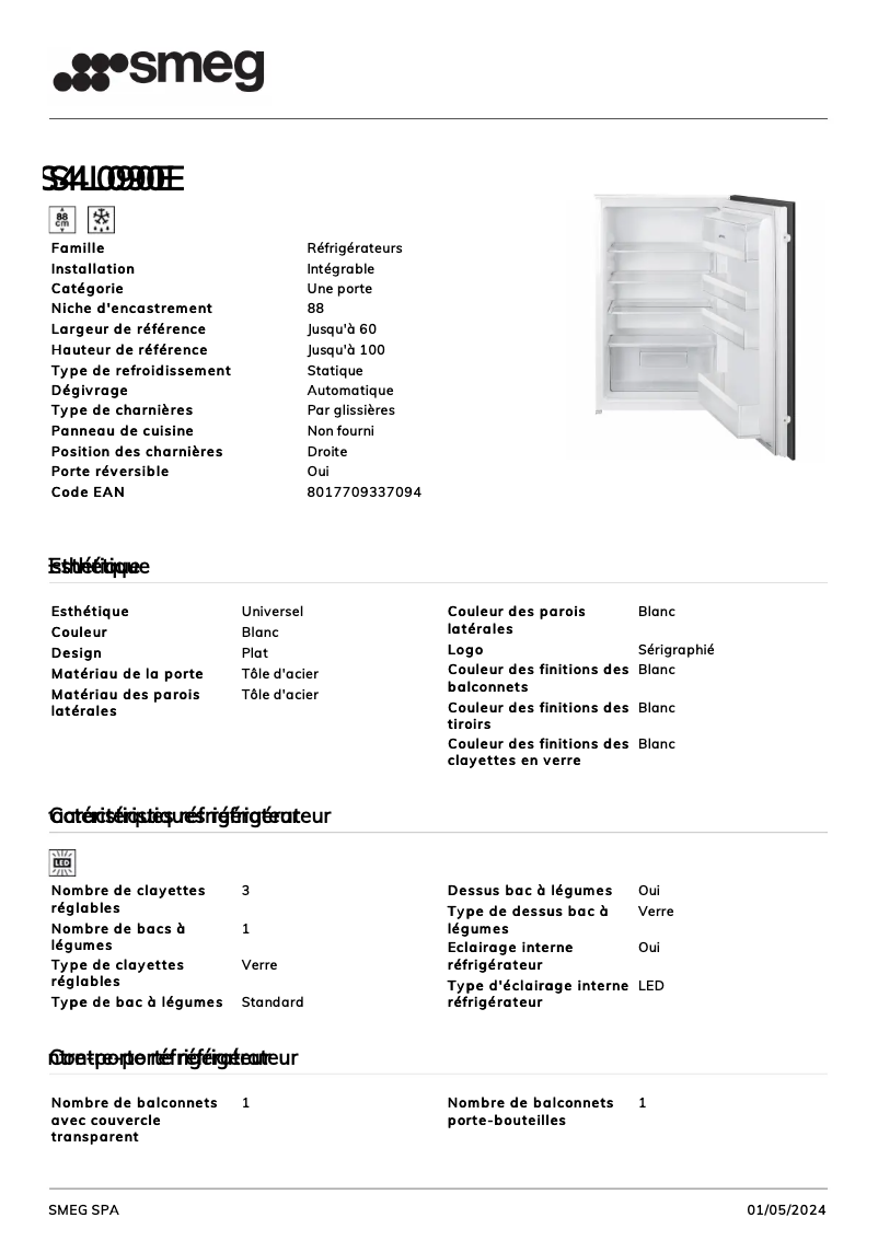 Page 1 de la notice Fiche technique Smeg S4L090E