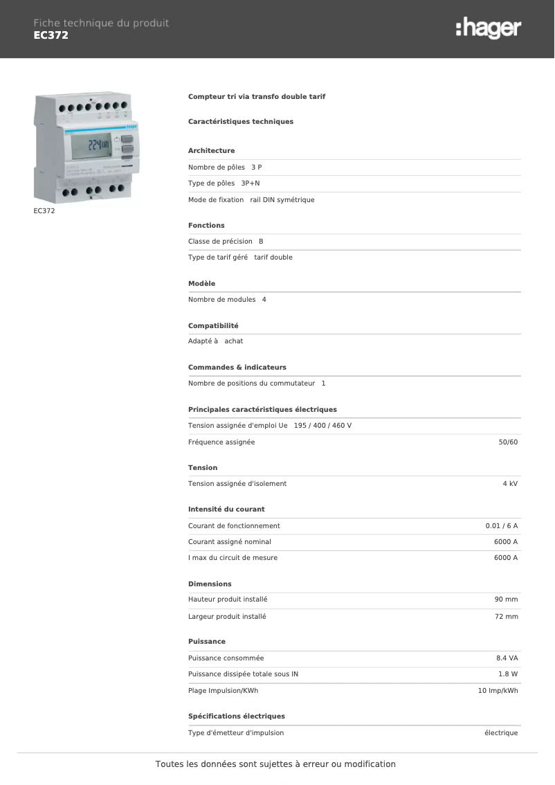 Page n°1 - Fiche technique Hager EC372