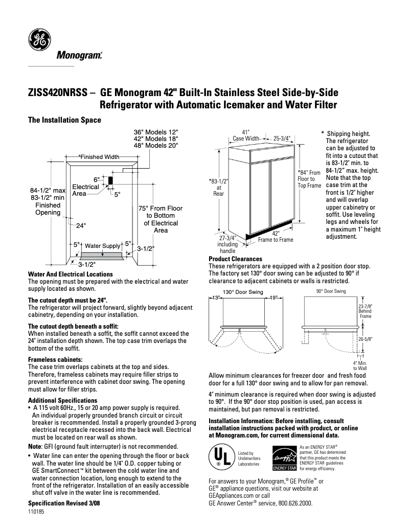 Página 1 del manual Ficha técnica GE ZISS420NRSS