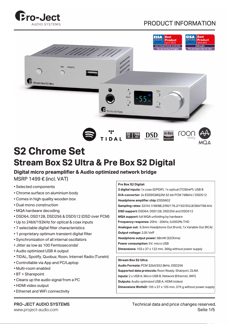 Page 1 de la notice Fiche technique Pro-Ject S2