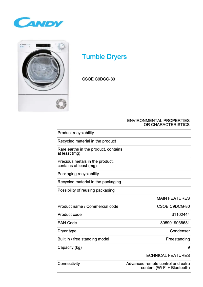 Page 1 de la notice Fiche technique Candy Smart Pro CSOE C9DCG-80