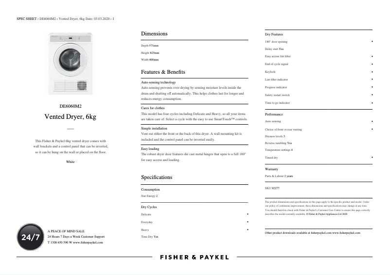 Page n°1 - Fiche technique Fisher & Paykel DE6060M2