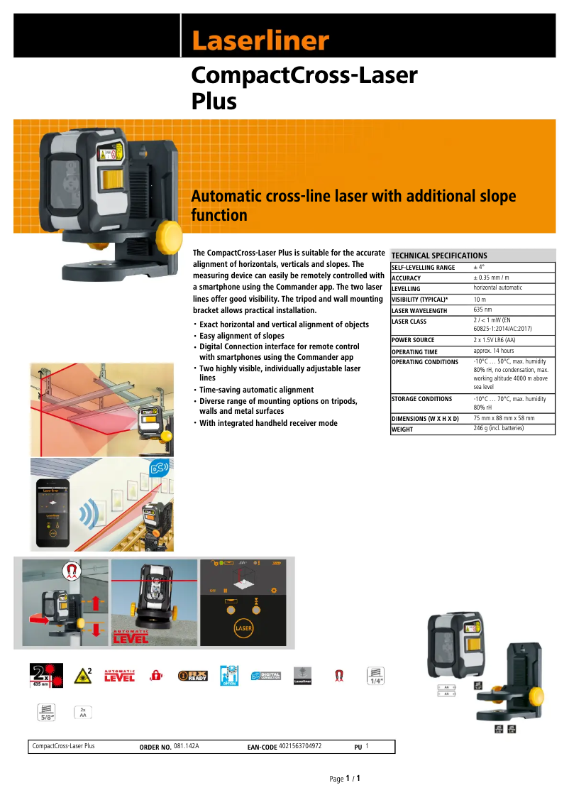 Page 1 de la notice Fiche technique Laserliner CompactCross-Laser