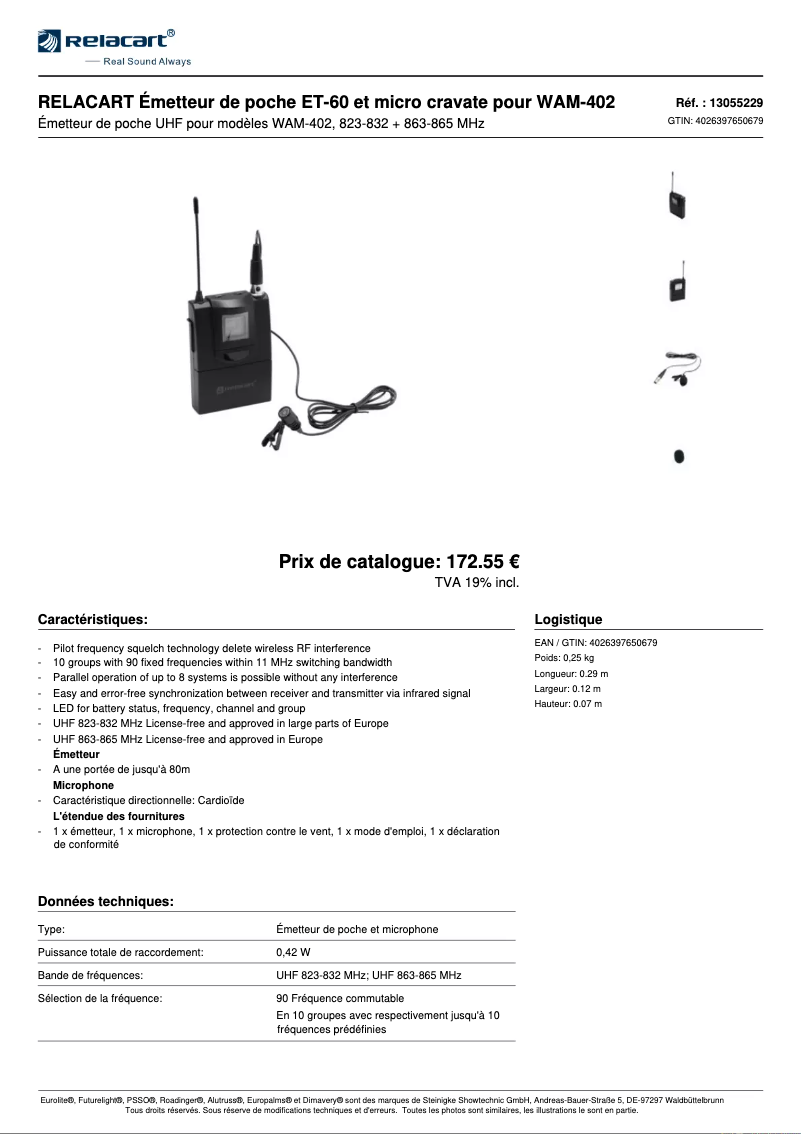 Page 1 de la notice Fiche technique Relacart ET-60