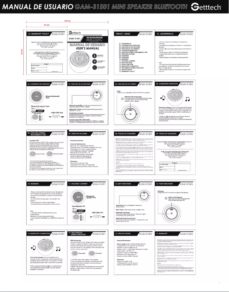 Page 1 de la notice Manuel utilisateur Getttech GAM-31501R