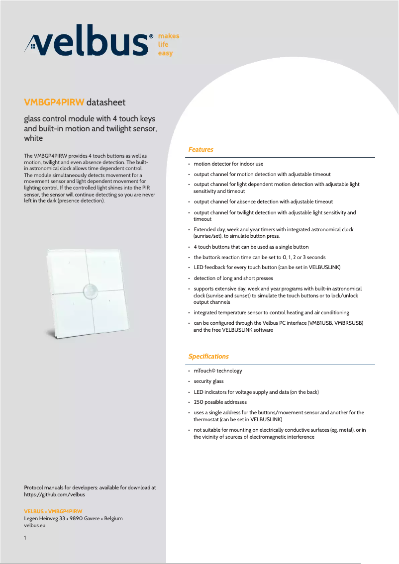 Page n°1 - Fiche technique Velbus VMBGP4PIRW