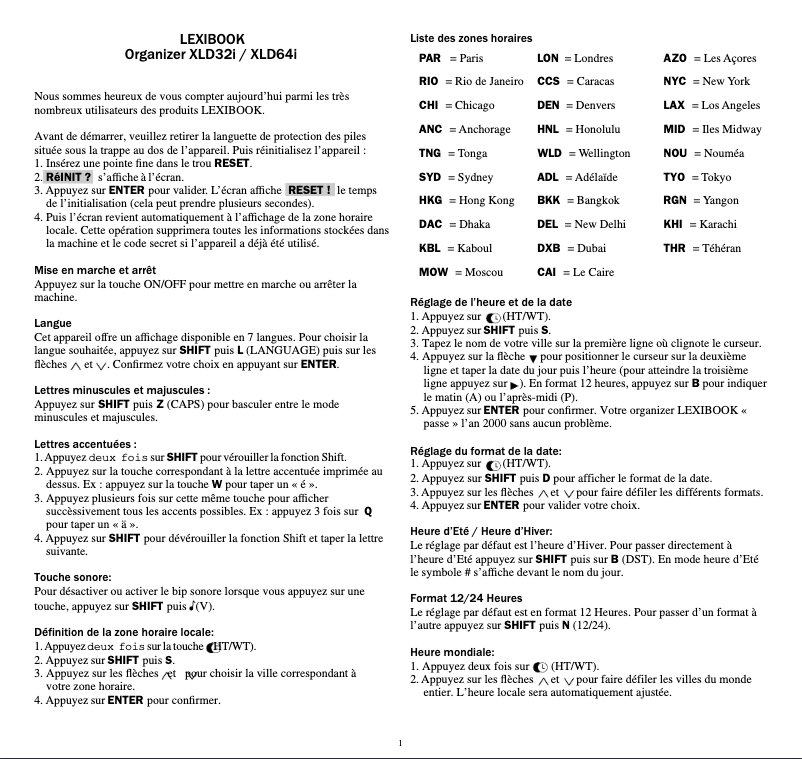 Page 1 de la notice Manuel utilisateur Lexibook XLD64i