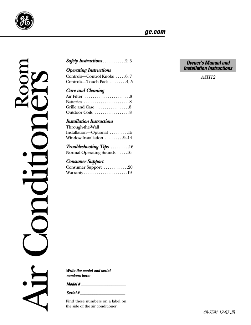 Page n°1 - Guide d'installation GE ASH12AL