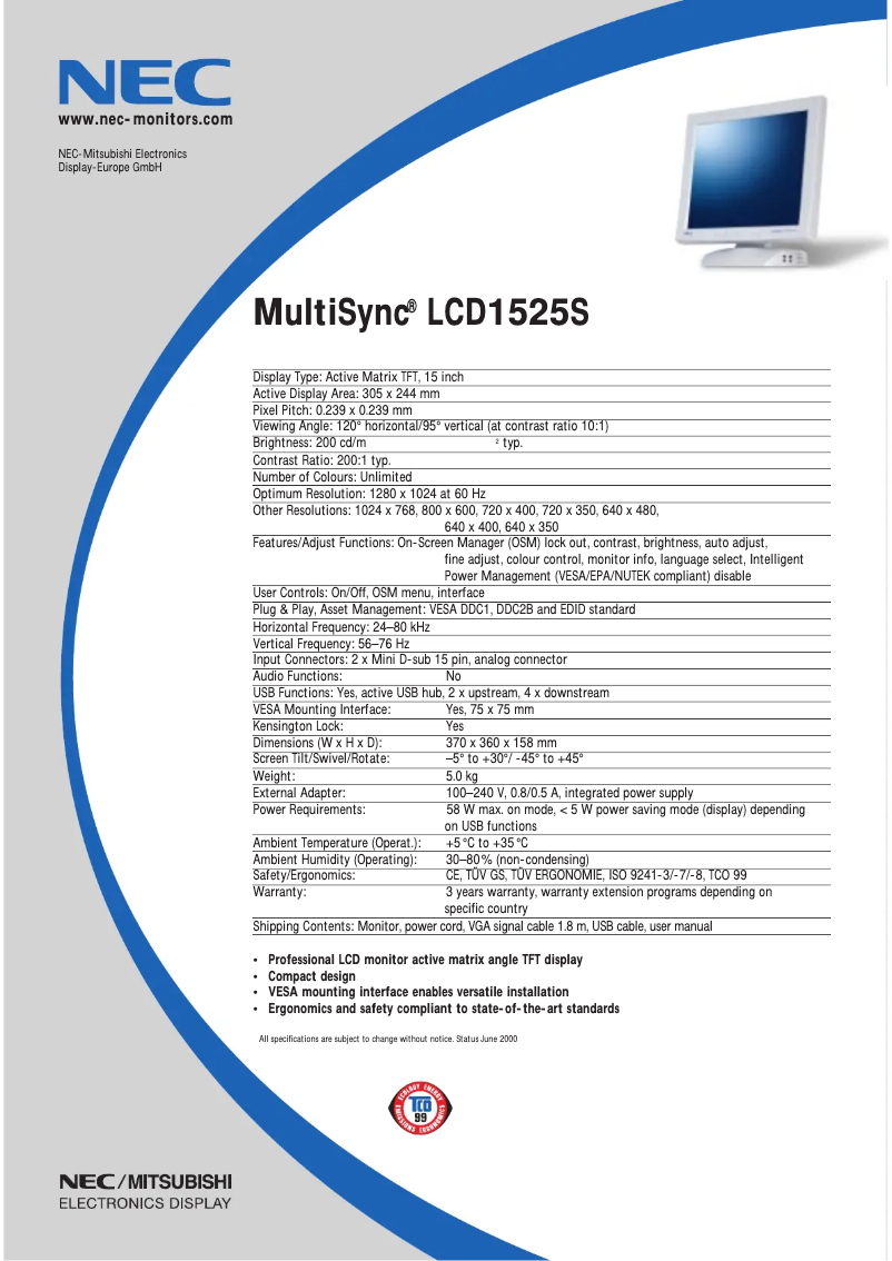 Imagen de la primera página del manual del dispositivo MultiSync LCD1525S