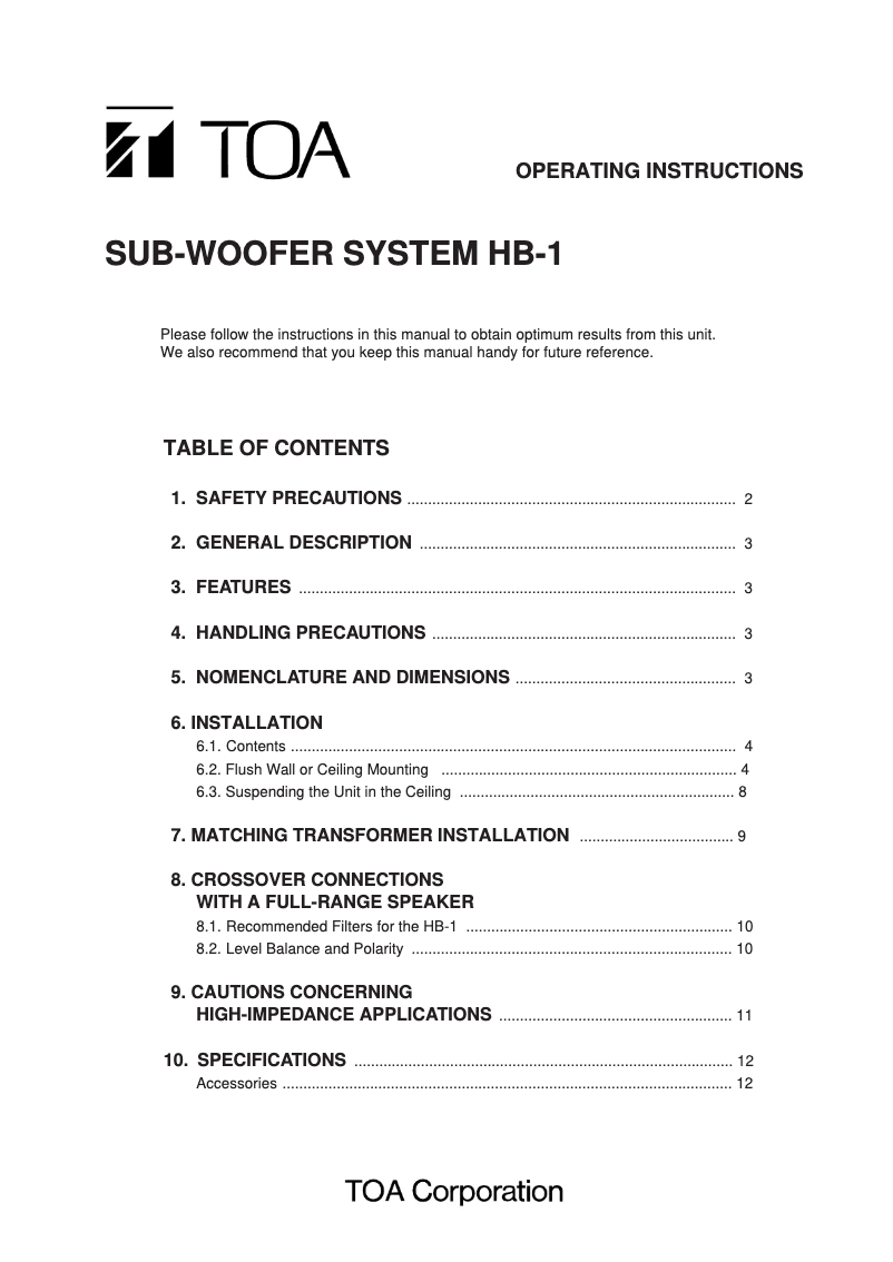 Página 1 del manual Manual de usuario TOA HB-1
