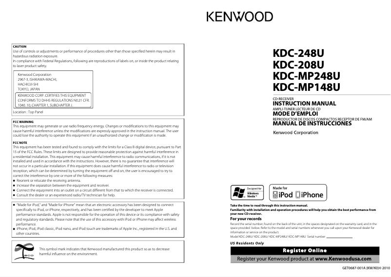 Page n°1 - Manuel utilisateur Kenwood KDC-248U