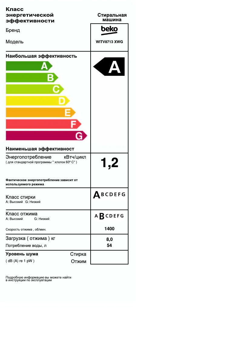 Page 1 de la notice Label énergétique Beko WITV8713 XWG