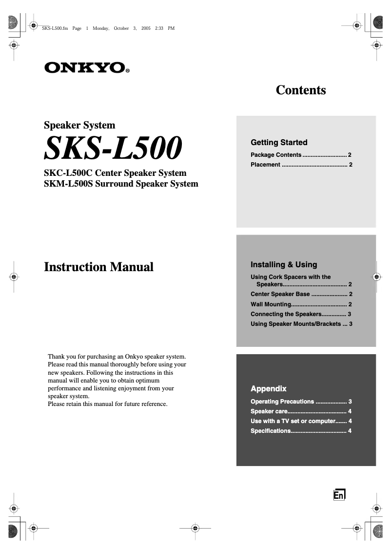 Page n°1 - Manuel utilisateur Onkyo SKS-L500