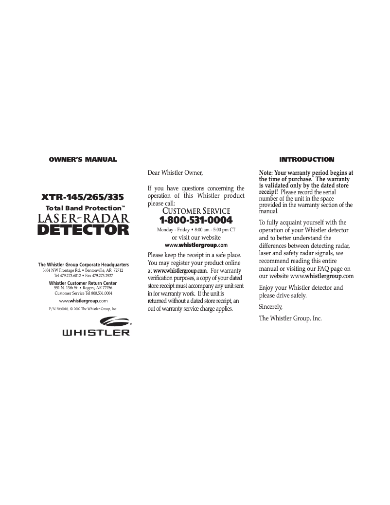 Page 1 de la notice Manuel utilisateur Whistler XTR-145