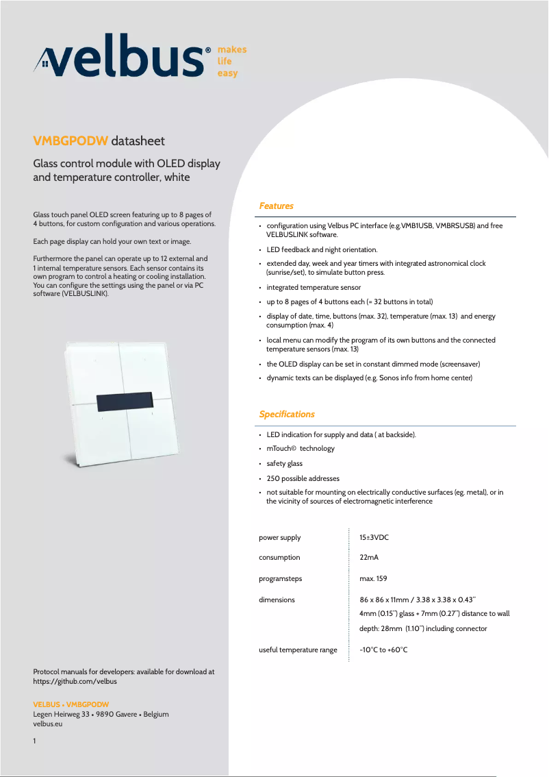 Page 1 de la notice Fiche technique Velbus VMBGPODW