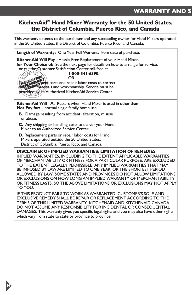 Page n°1 - Informations de garantie KitchenAid KHM7210AC