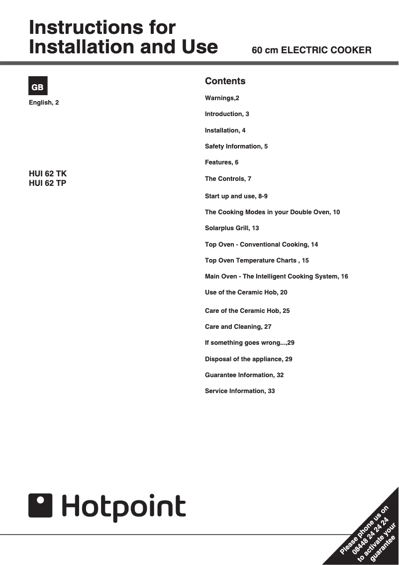 Page 1 de la notice Manuel utilisateur Hotpoint HUI62TK