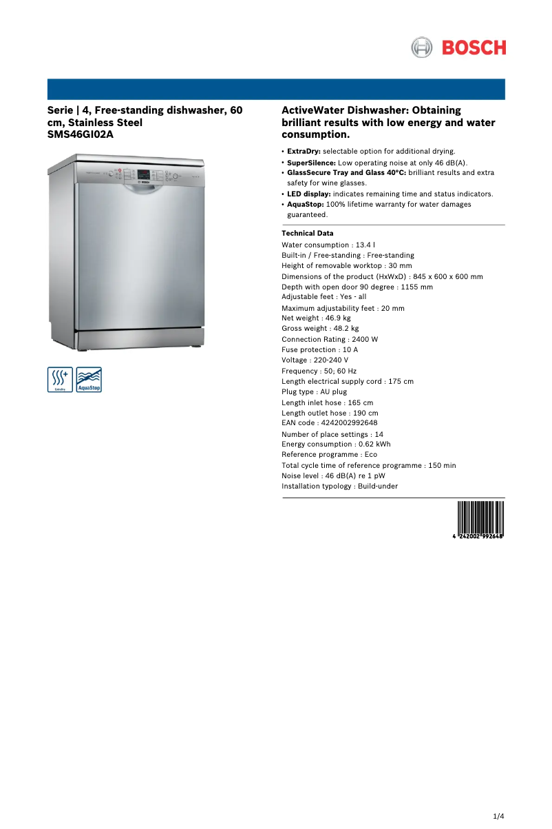 Imagen de la primera página del manual del dispositivo SMS46GI02A