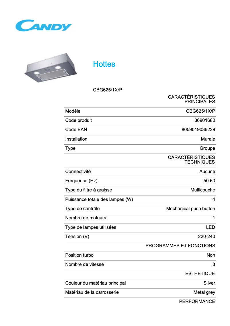 Page 1 de la notice Fiche technique Candy CBG625/1X/P