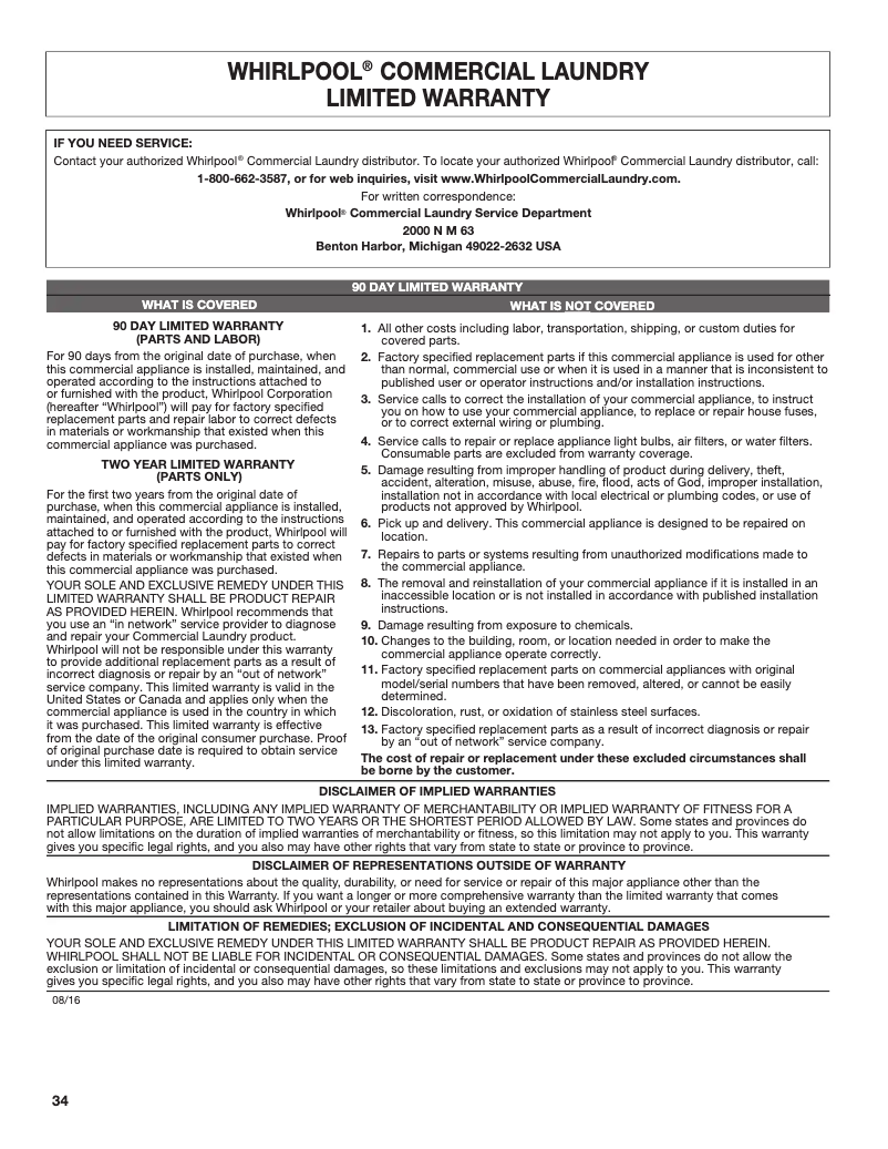 Page n°1 - Informations de garantie Whirlpool CGD9160GW