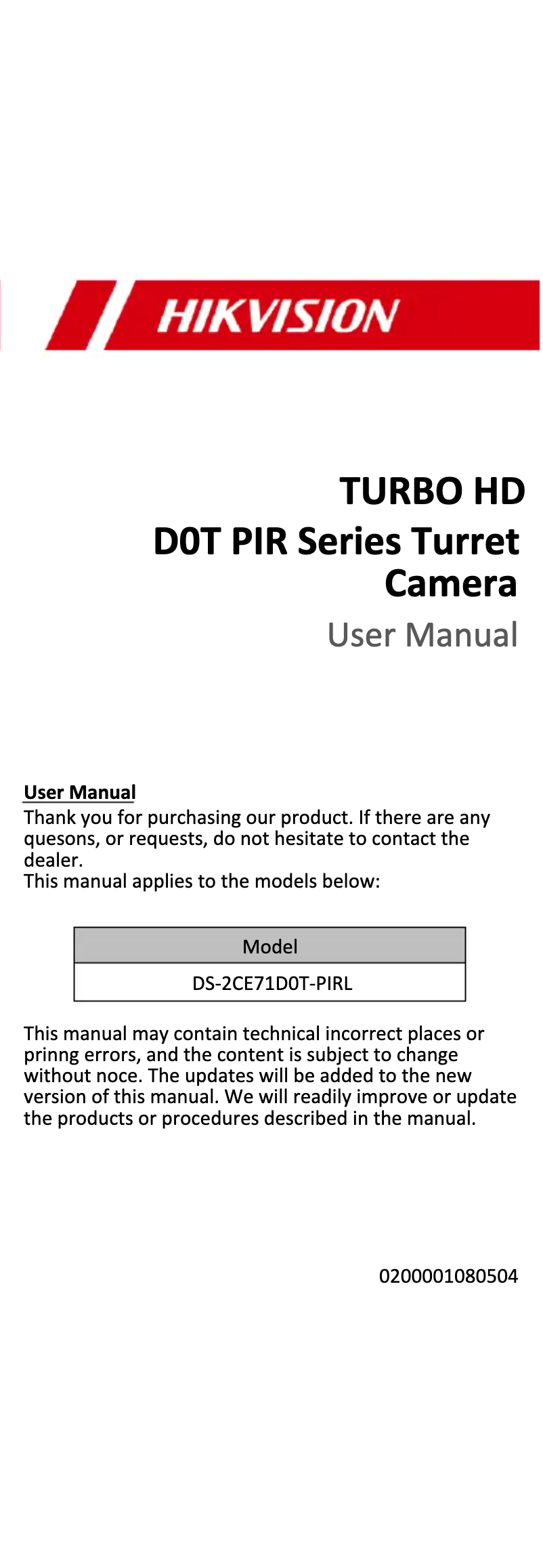 Page 1 de la notice Manuel utilisateur Hikvision DS-2CE71D0T-PIRL