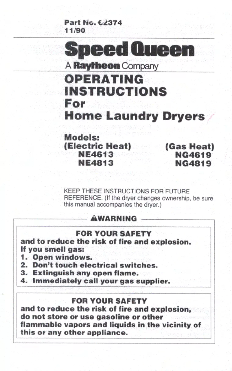 Page 1 de la notice Manuel utilisateur Speed Queen NG4819