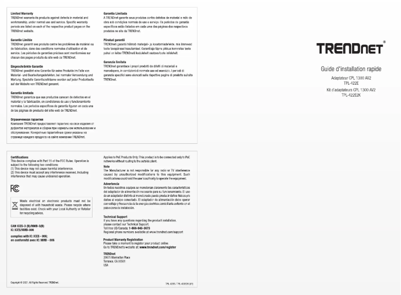 Page 1 de la notice Manuel utilisateur TRENDnet TPL-422E2K