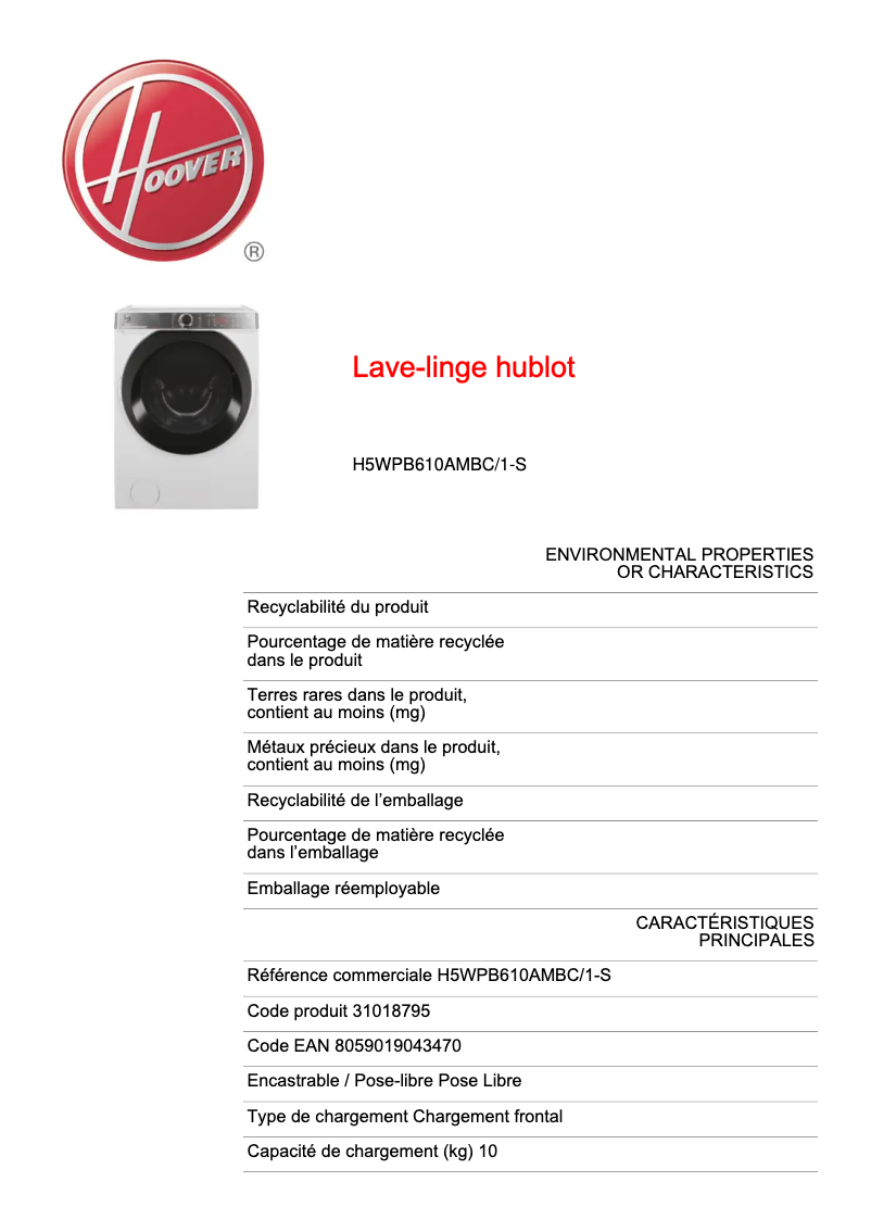 Page 1 de la notice Fiche technique Hoover H5WPB610AMBC/1-S