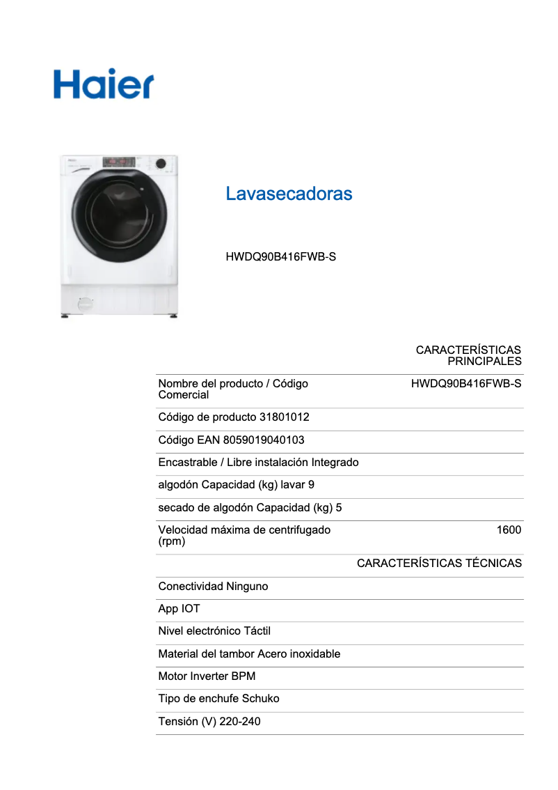 Page 1 de la notice Label énergétique Haier HWDQ90B416FWB