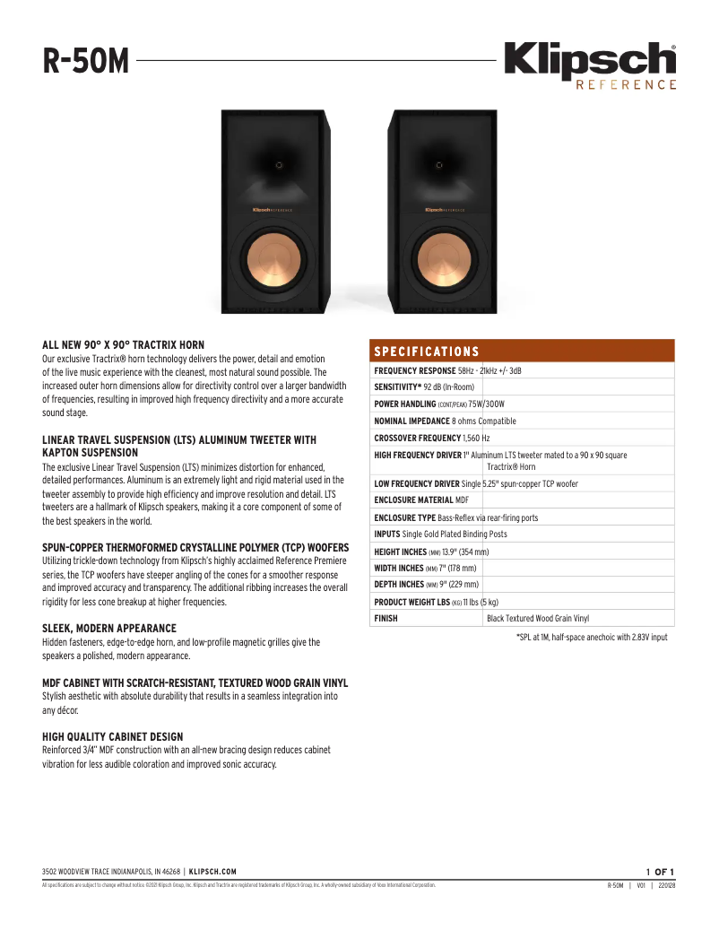 Page 1 de la notice Fiche technique Klipsch R-50M