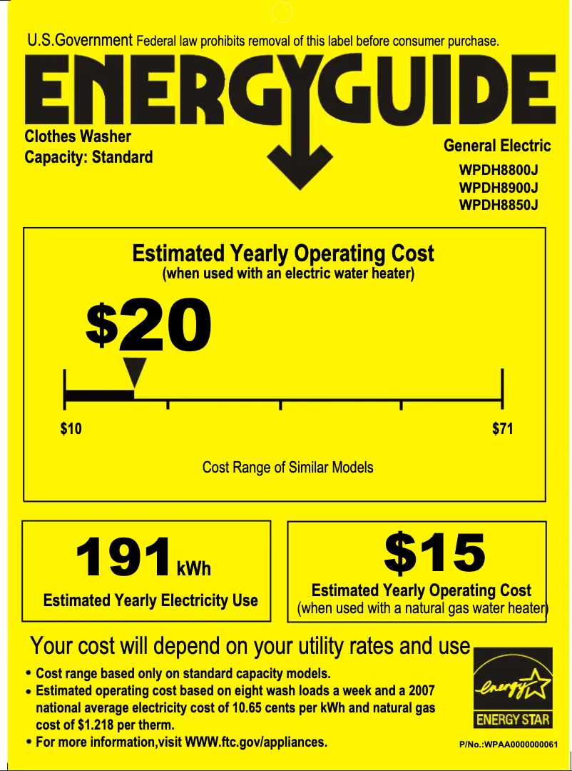 Page 1 de la notice Label énergétique GE WPDH8800JWW
