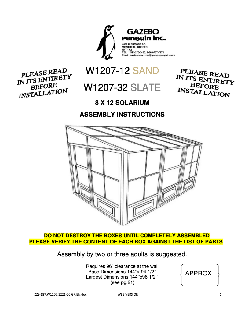 Page n°1 - Manuel utilisateur Gazebo Penguin W1207-12