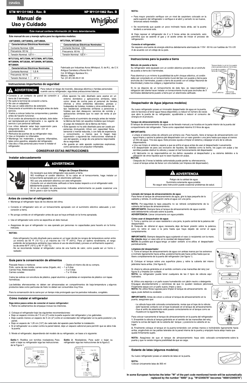 Page 1 de la notice Manuel utilisateur Whirlpool WT1756A
