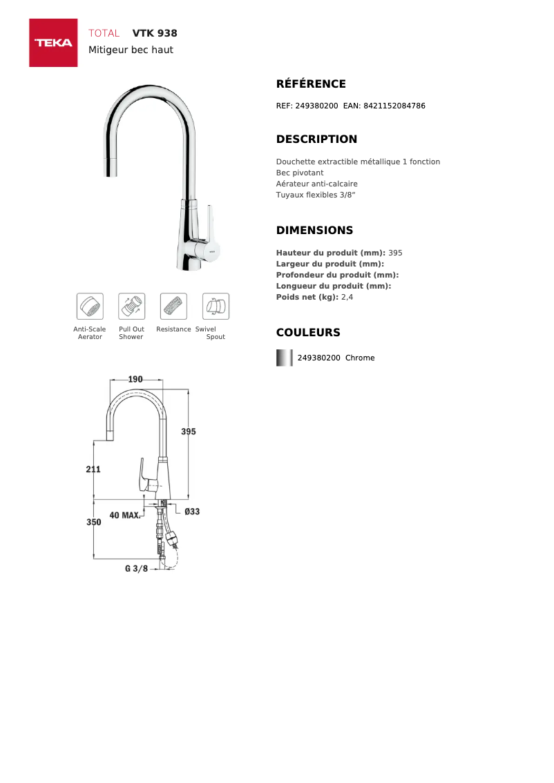 Página 1 del manual Ficha técnica Teka VTK 938
