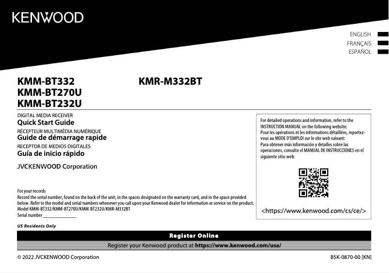 Page 1 of the manual Quick Start Guide Kenwood KMR-M332BT