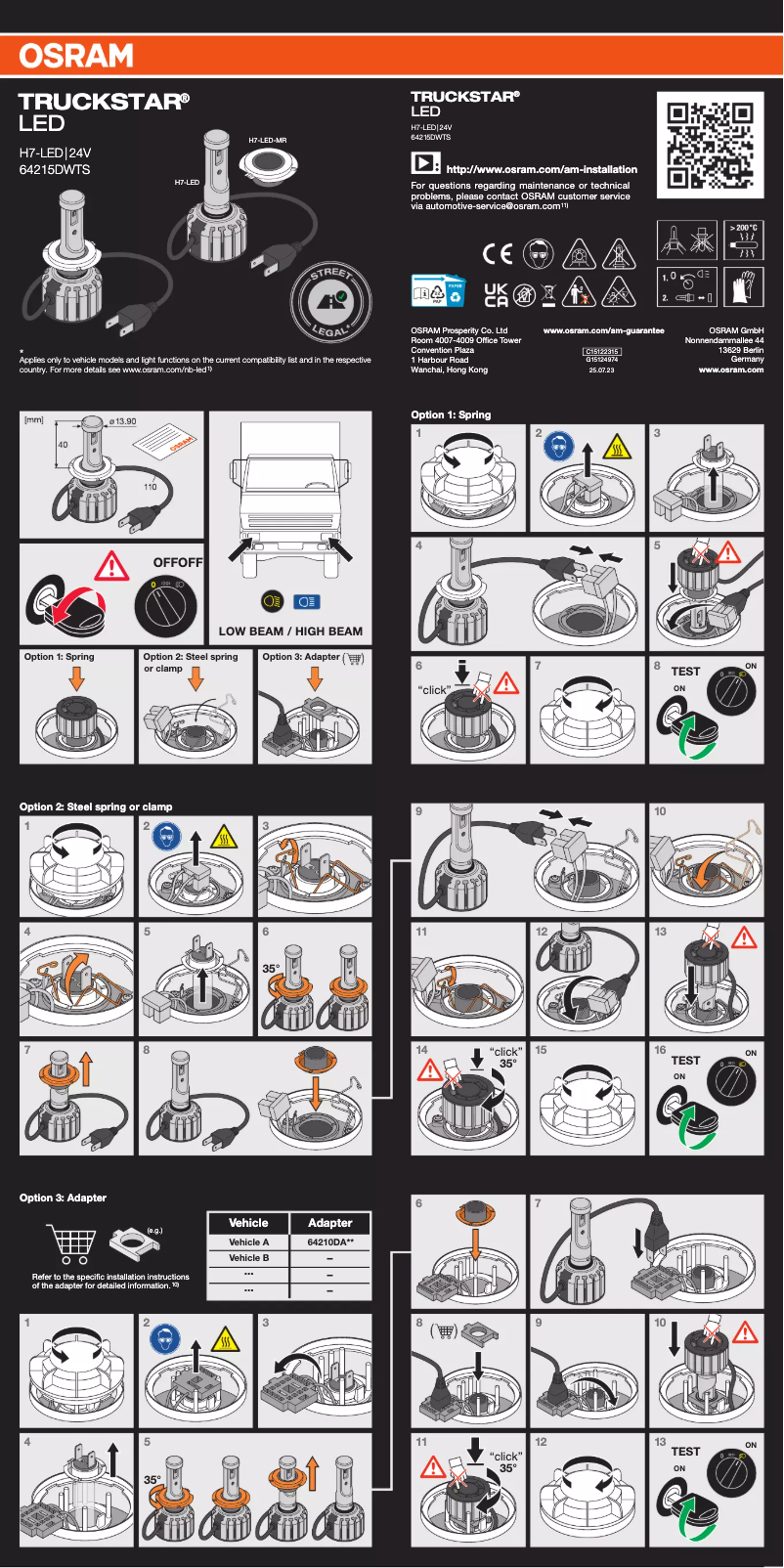 Page 1 de la notice Instructions / montage Osram TRUCKSTAR LED H7-LED