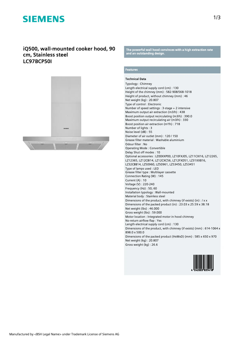 Page n°1 - Fiche technique Siemens LC97BCP50I