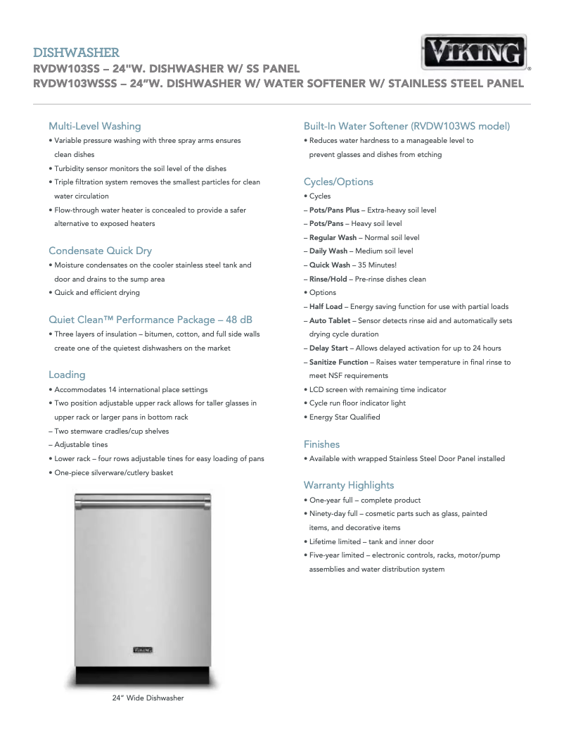 Page 1 de la notice Fiche technique Viking RVDW103